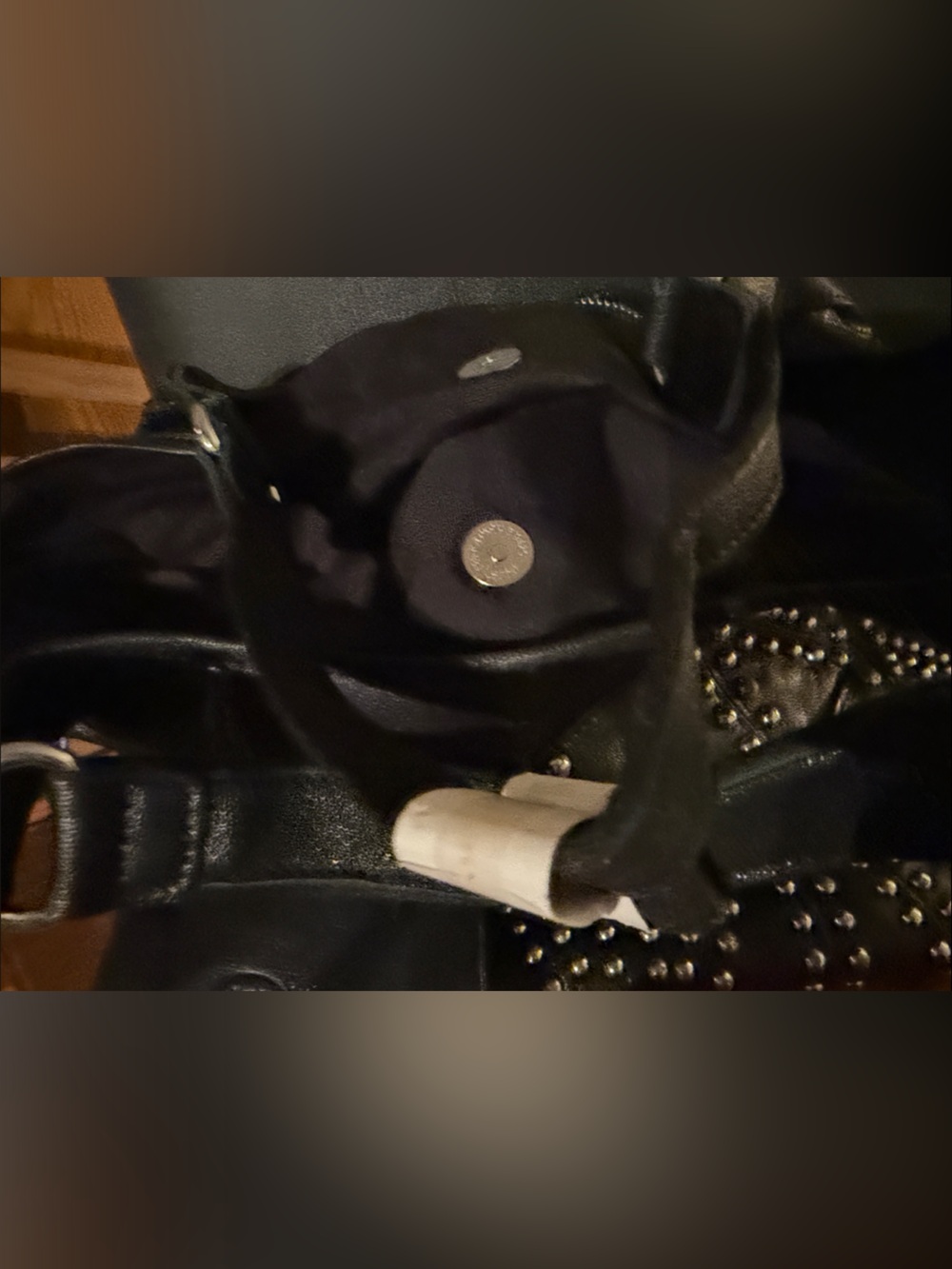 Studded Black Leather Tote Bag with Wristlet - Picture 3 of 6
